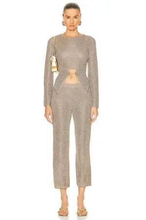 Cult Gaia Knit Long Sleeve Top & Pants Set - Gold Sz. Large