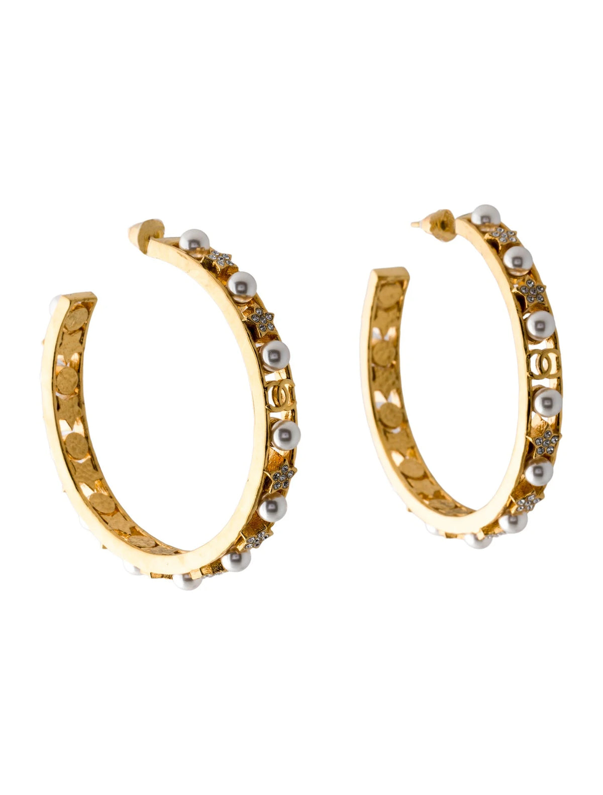 Chanel Gold Plated Faux Pearl Strass CC Hoop Earrings - Gold sz. 1.75"
