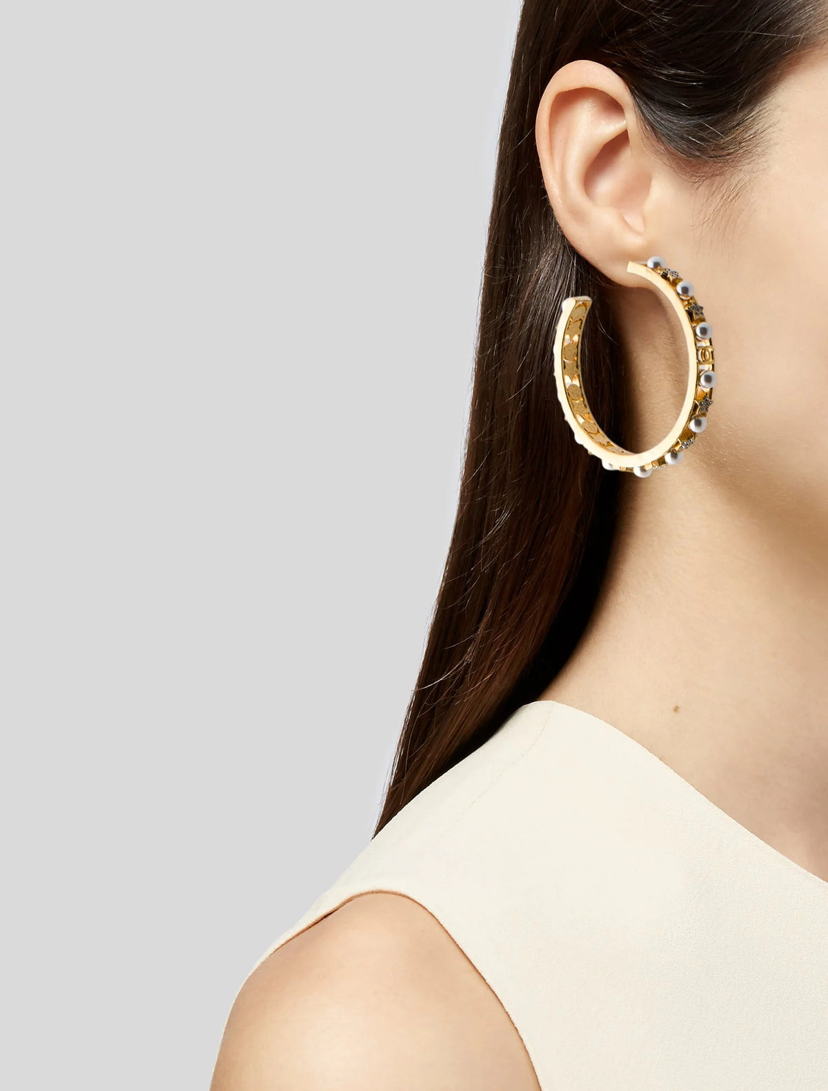 Chanel Gold Plated Faux Pearl Strass CC Hoop Earrings - Gold sz. 1.75"