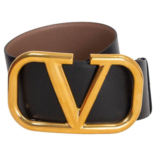 Valentino Garavani Black Leather Belt - Gold V Buckle sz. 90cm